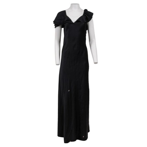 Saint Laurent Womens Maxi Dress Medium 38 Black Silk Ruffle Shoulder Side Split - Picture 1 of 14